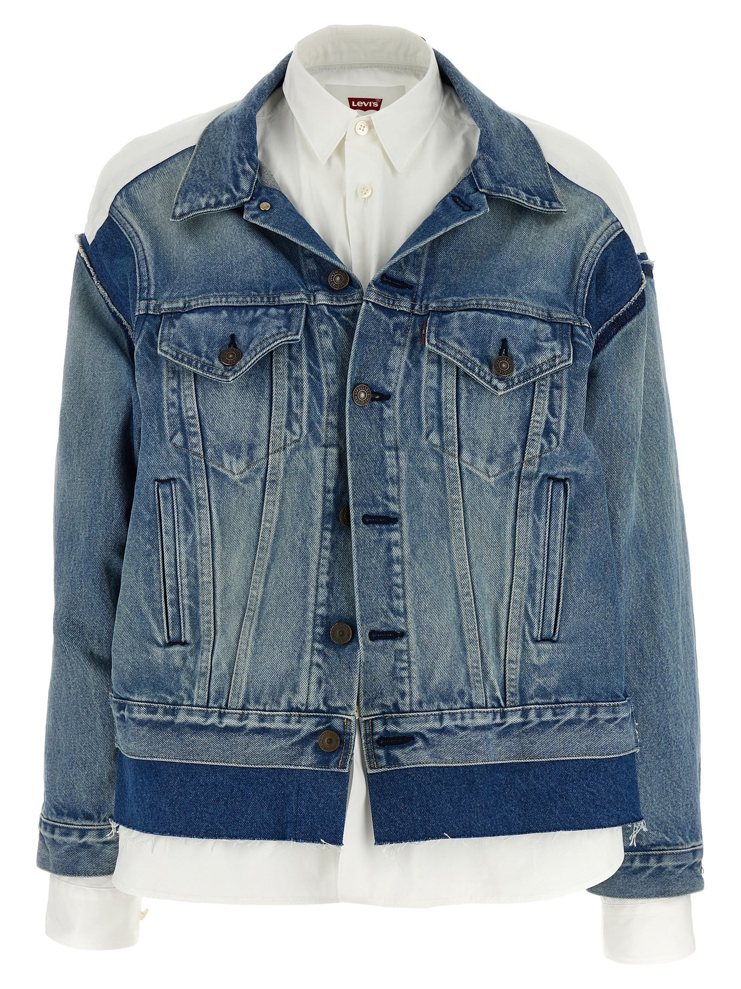 Trucker Jacket by Junya Watanabe for women in denim cotton multicolor features an contemporary silhouette, showcasing a sophisticated and contemporary pockets for a truly refined look.