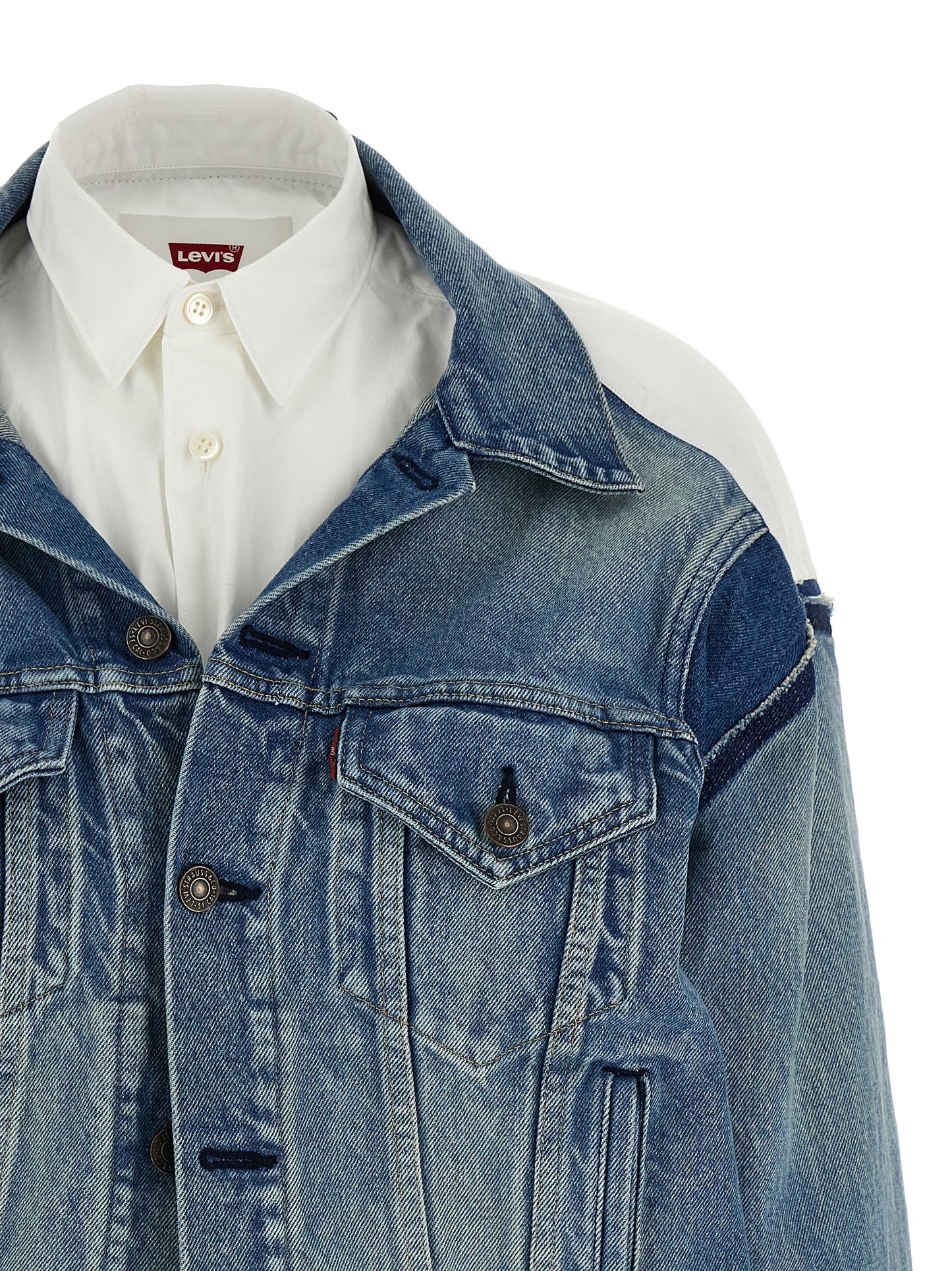 Trucker Jacket by Junya Watanabe for women in denim cotton multicolor features an on trend silhouette, showcasing refined pockets and a sophisticated for a truly on trend finish.