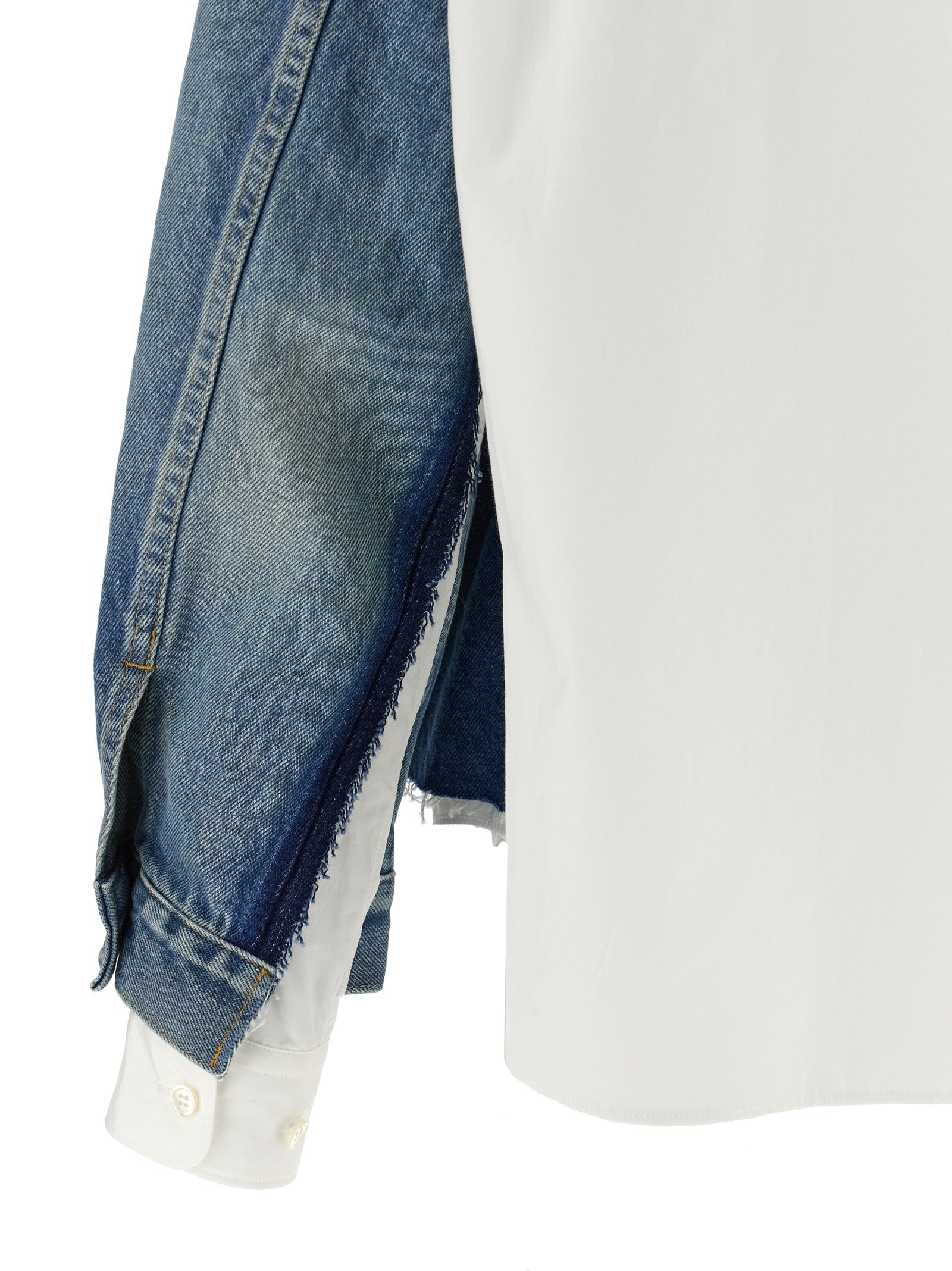 This Trucker Jacket by Junya Watanabe for women in denim cotton multicolor exhibits a edgy silhouette, meticulously detailed with functional pockets and a edgy for a edgy finish.