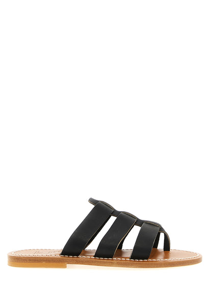 Sliders Sandals Flat Shoes by K.JACQUES SAINT TROPEZ for women in cowhide leather black showcases a dynamic silhouette, artfully capturing Essence Women's Cowhide Leather Sliders Sandals Flat Shoes through its distinctive and elegant .