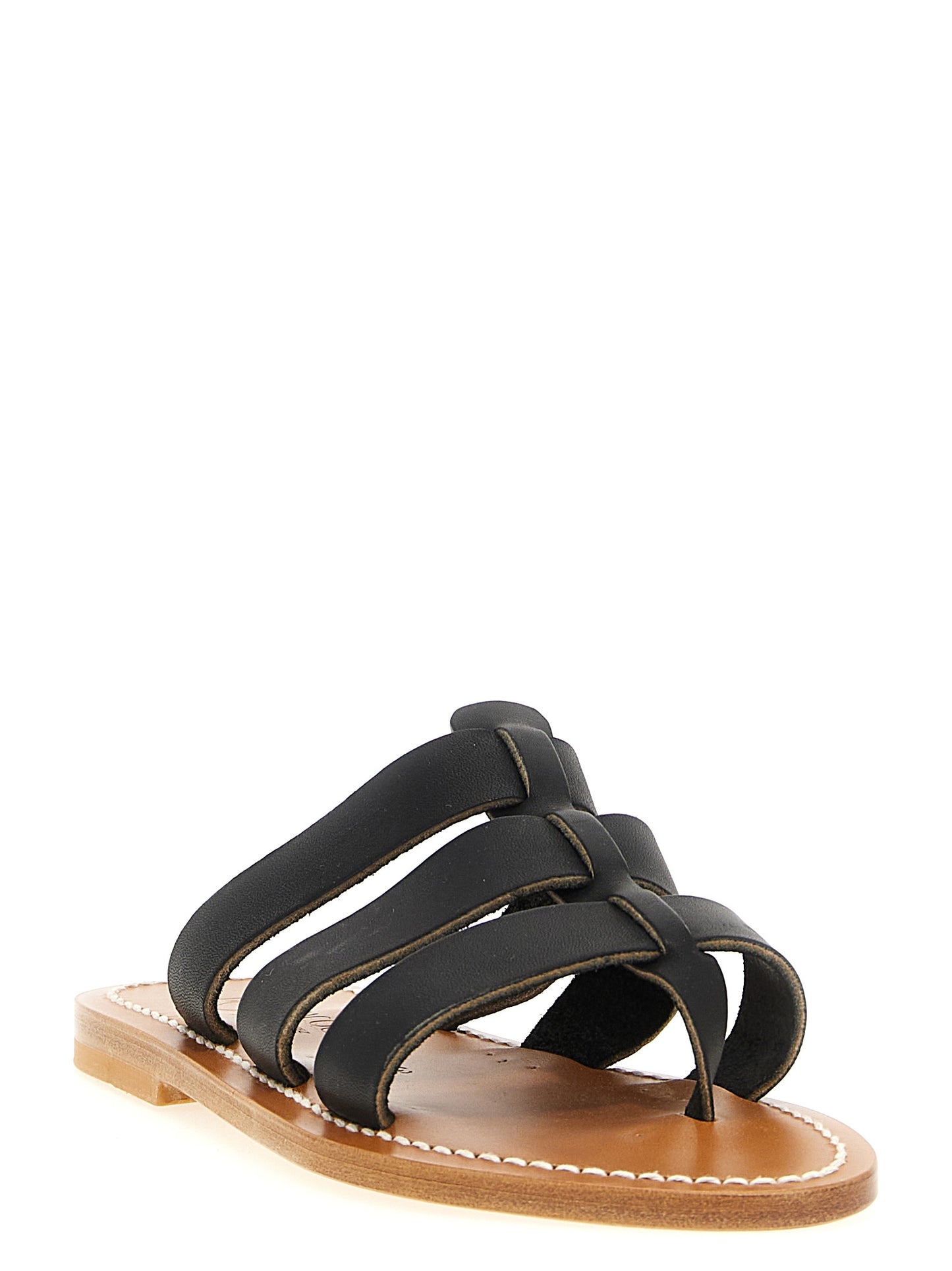 Sliders Sandals Flat Shoes by K.JACQUES SAINT TROPEZ for women in cowhide leather black features an statuesque silhouette from the Essence Women's Cowhide Leather Sliders Sandals Flat Shoes collection, showcasing a and a statuesque for a statuesque look.