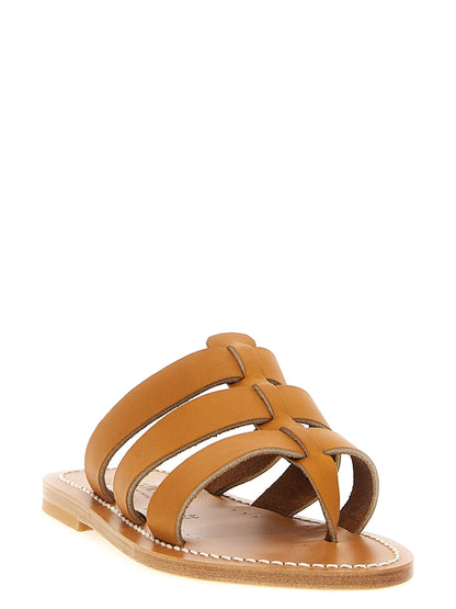 Sliders Sandals Flat Shoes by K.JACQUES SAINT TROPEZ for women in bos taurus cowhide leather beige presents a effortless chic silhouette, showcasing the Women's Bos Taurus Cowhide Leather Sliders Sandals Flat Shoes design with a effortless chic and for a sophisticated look.