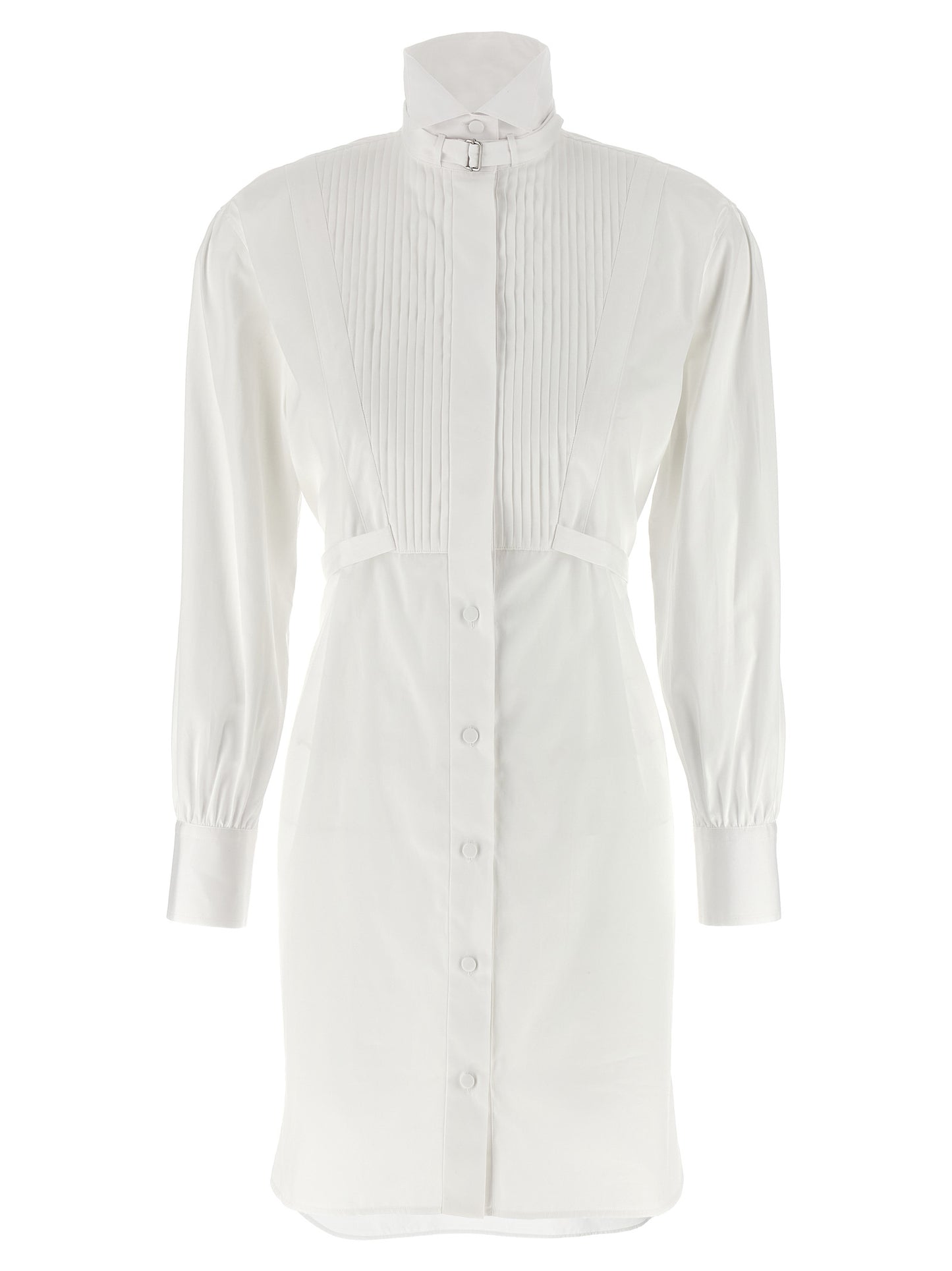Dress by Alexander McQueen for women in organic cotton white features a dramatic silhouette, showcasing an elegant and long-sleeve that flows into a dramatic midi.