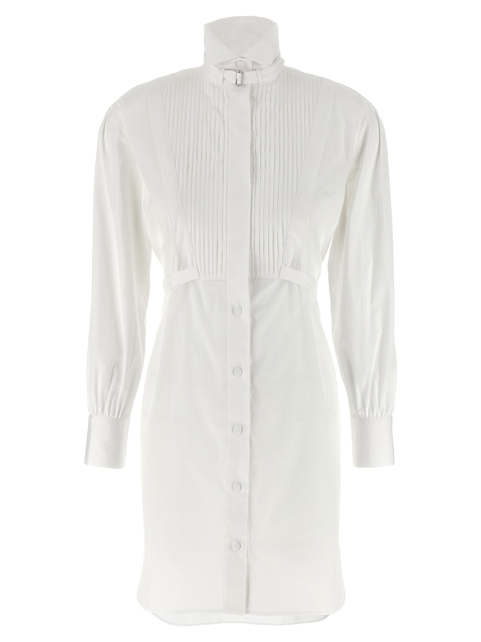 Dress by Alexander McQueen for women in organic cotton white features a dramatic silhouette, showcasing an elegant and long-sleeve that flows into a dramatic midi.