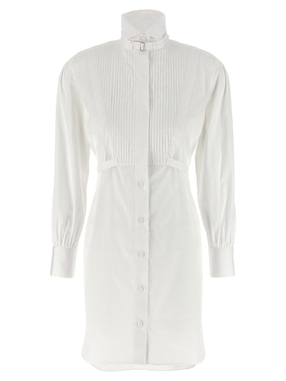 Dress by Alexander McQueen for women in organic cotton white features a dramatic silhouette, showcasing an elegant and long-sleeve that flows into a dramatic midi.