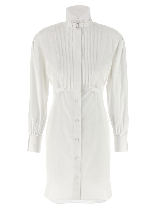 Dress by Alexander McQueen for women in organic cotton white features a dramatic silhouette, showcasing an elegant and long-sleeve that flows into a dramatic midi.