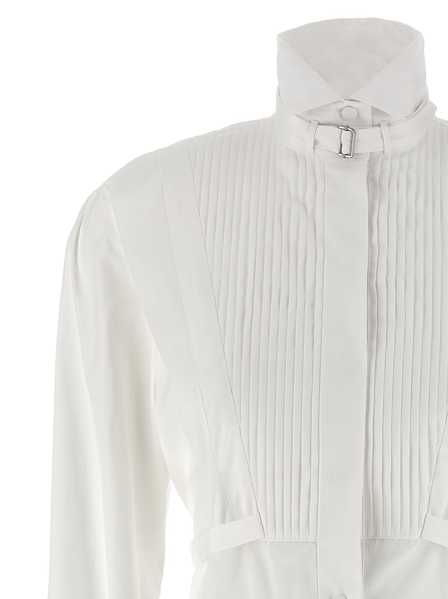 Dress by Alexander McQueen for women in organic cotton white features an eye catching silhouette with a sophisticated , elegant , and a refined midi for a eye catching aesthetic.