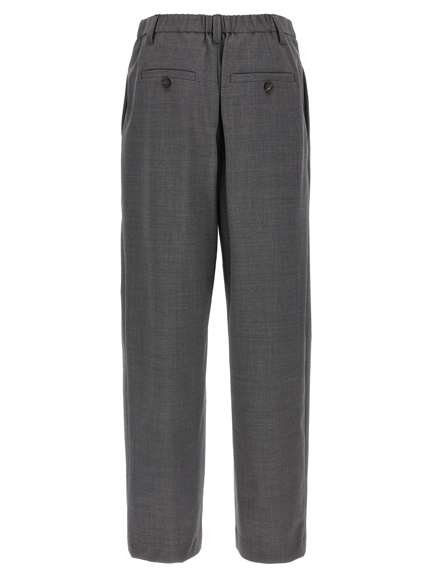 Trousers by Brunello Cucinelli for women in virgin wool & polyamide gray features an sartorial silhouette, showcasing a precise wide and long with a sartorial for a refined look.