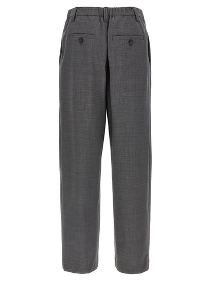 Trousers by Brunello Cucinelli for women in virgin wool & polyamide gray features an sartorial silhouette, showcasing a precise wide and long with a sartorial for a refined look.