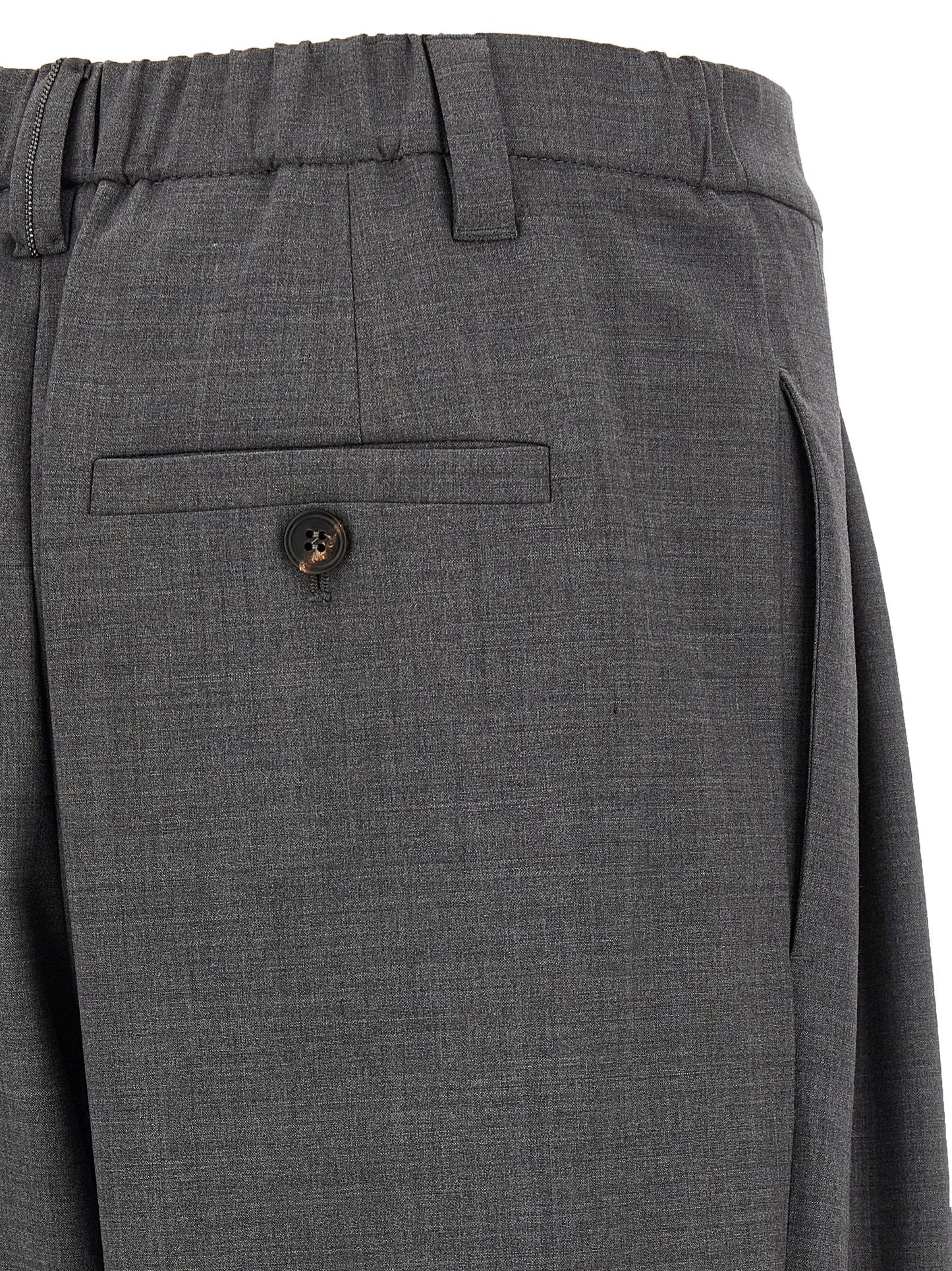 Trousers by Brunello Cucinelli for women in virgin wool & polyamide gray features a tailored silhouette with a tailored wide, defined by its long and a sophisticated .