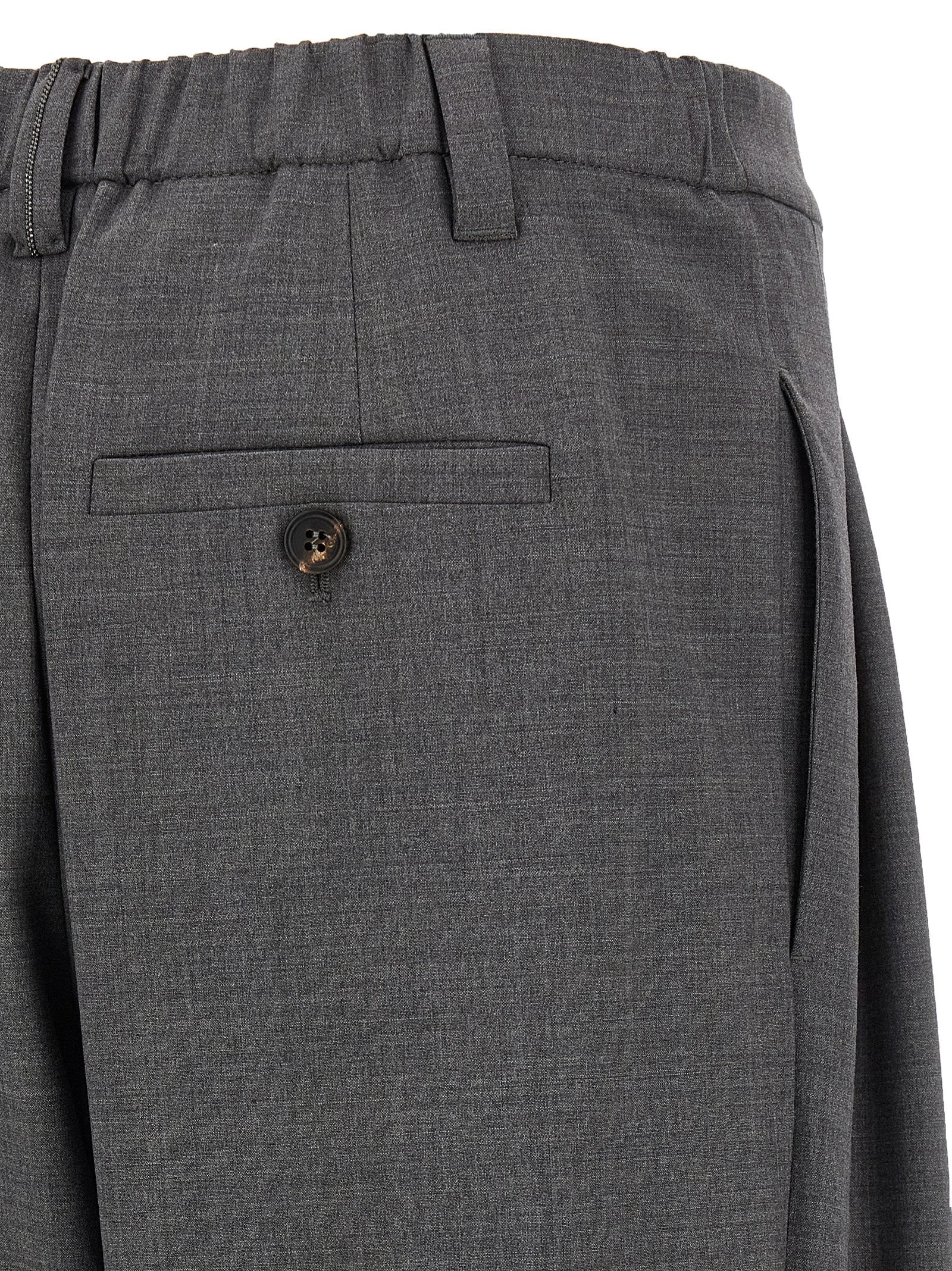 Trousers by Brunello Cucinelli for women in virgin wool & polyamide gray features a tailored silhouette with a tailored wide, defined by its long and a sophisticated .