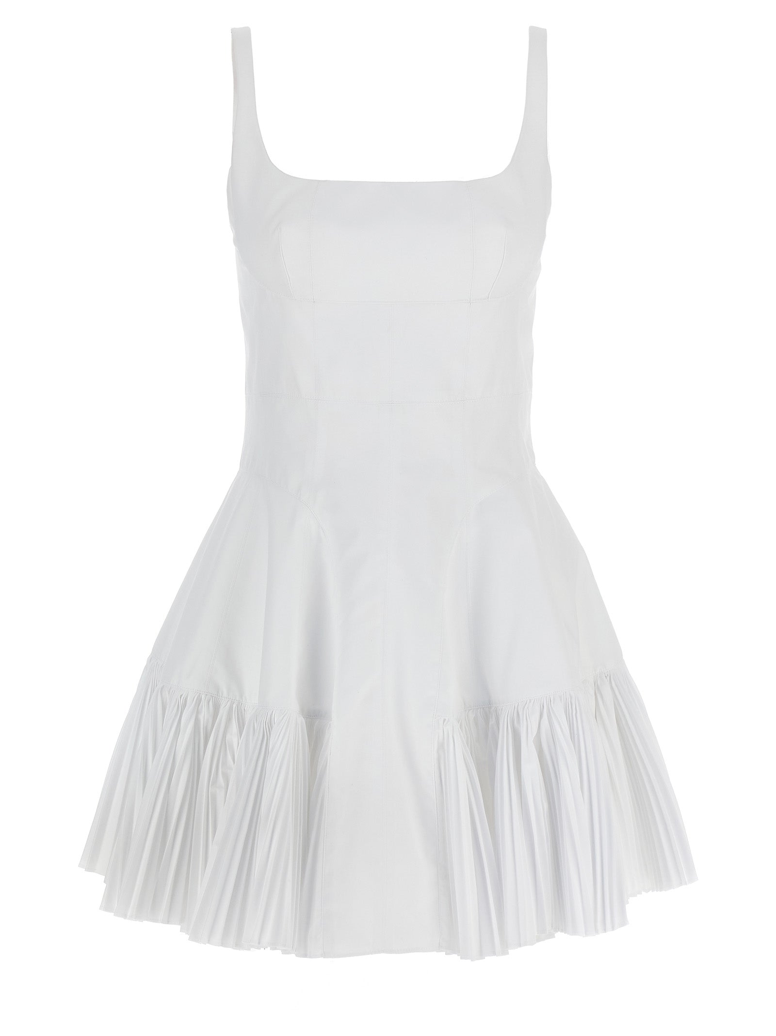Dress by Giovanni Bedin for women in cotton polyester white features a dramatic silhouette, showcasing an elegant square neckline and sleeveless that flows into a dramatic short mini.