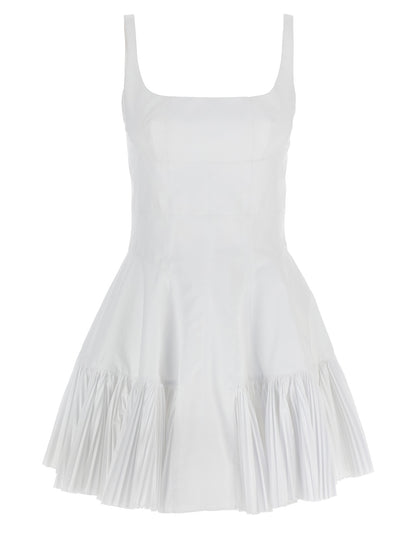 Dress by Giovanni Bedin for women in cotton polyester white features a dramatic silhouette, showcasing an elegant square neckline and sleeveless that flows into a dramatic short mini.