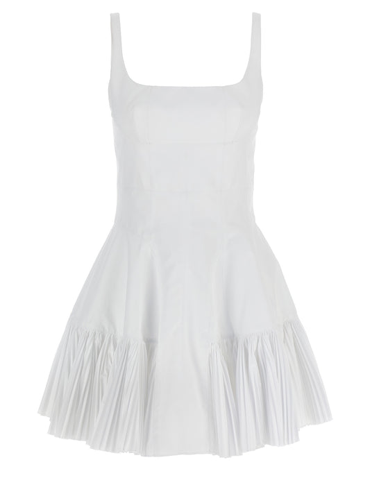 Dress by Giovanni Bedin for women in cotton polyester white features a dramatic silhouette, showcasing an elegant square neckline and sleeveless that flows into a dramatic short mini.