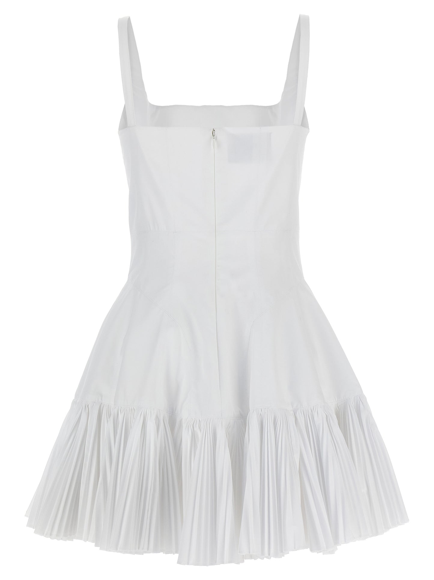 Dress by Giovanni Bedin for women in cotton polyester white presents a sinuous silhouette, showcasing a sophisticated square neckline and detailed with a sinuous short mini for a refined finish.