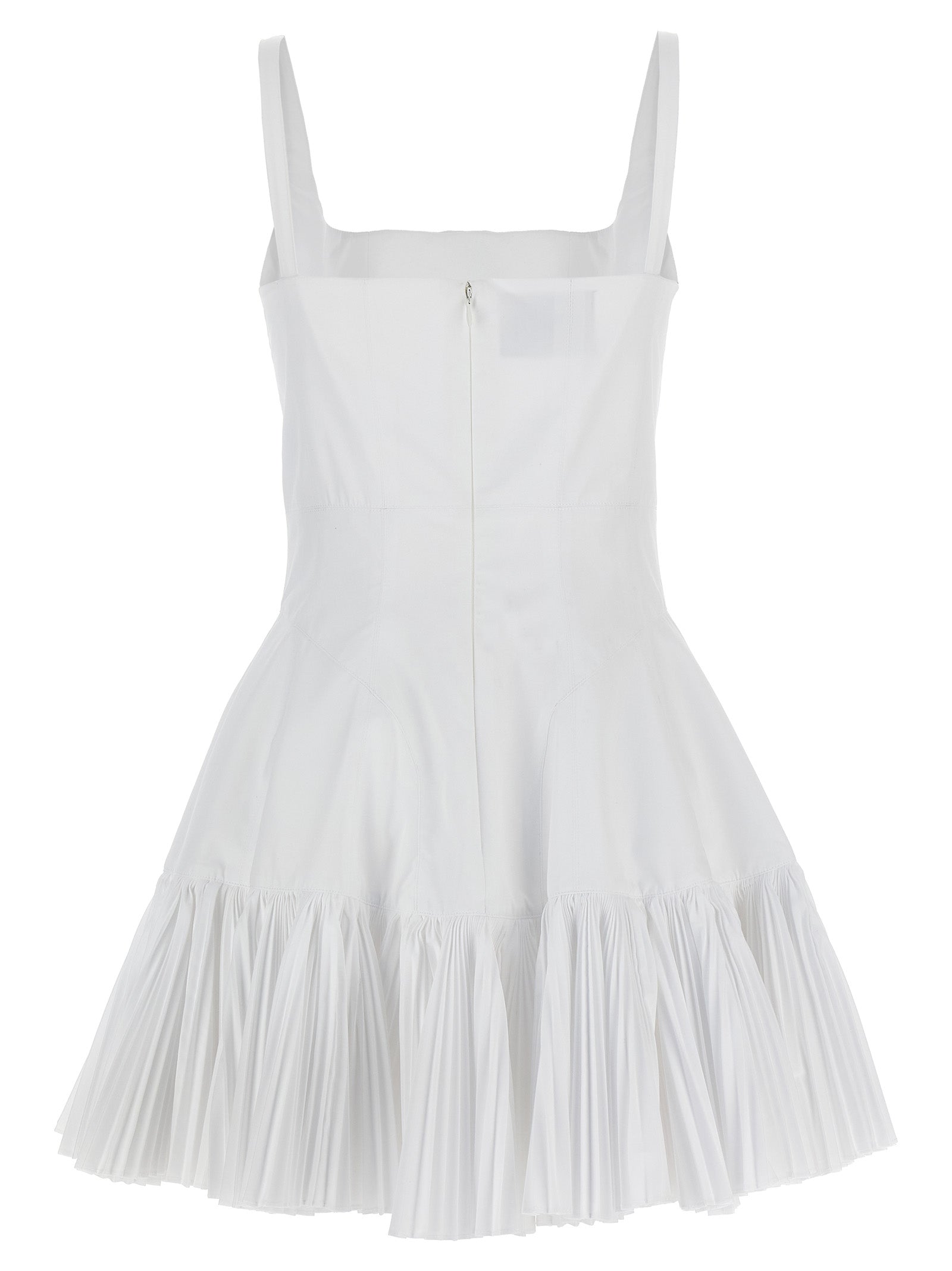 Dress by Giovanni Bedin for women in cotton polyester white presents a sinuous silhouette, showcasing a sophisticated square neckline and detailed with a sinuous short mini for a refined finish.