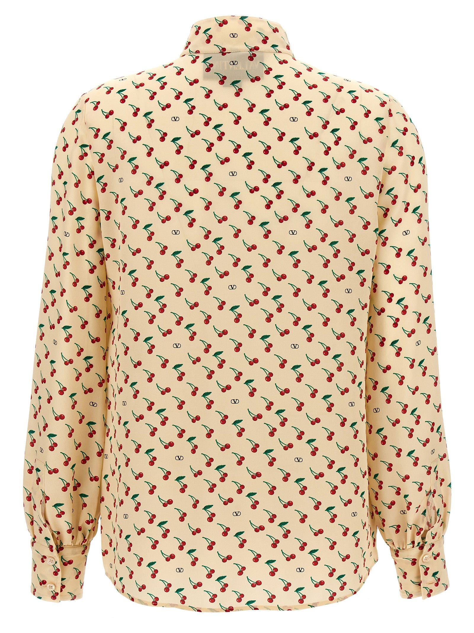 Blouse by Valentino Garavani for women in silk crepe beige, pearl & print showcases a sharp silhouette, elegantly detailed with a sharp mandarin neckline and sharp .