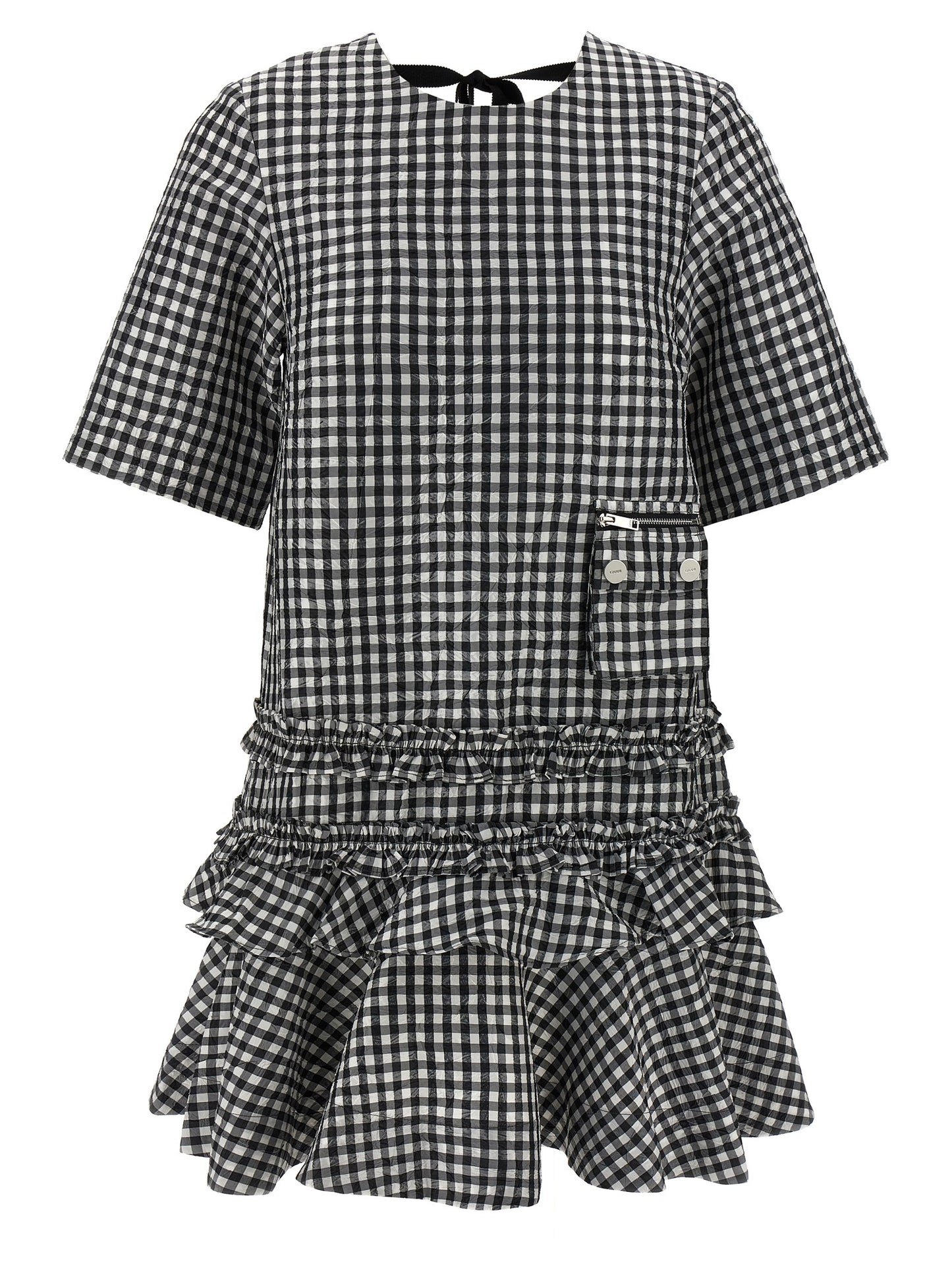 Dress by Ganni for women in polyester bicolour, black & white features an cute silhouette, detailed with a short-sleeve and round neckline that elegantly flows into a cute short mini.