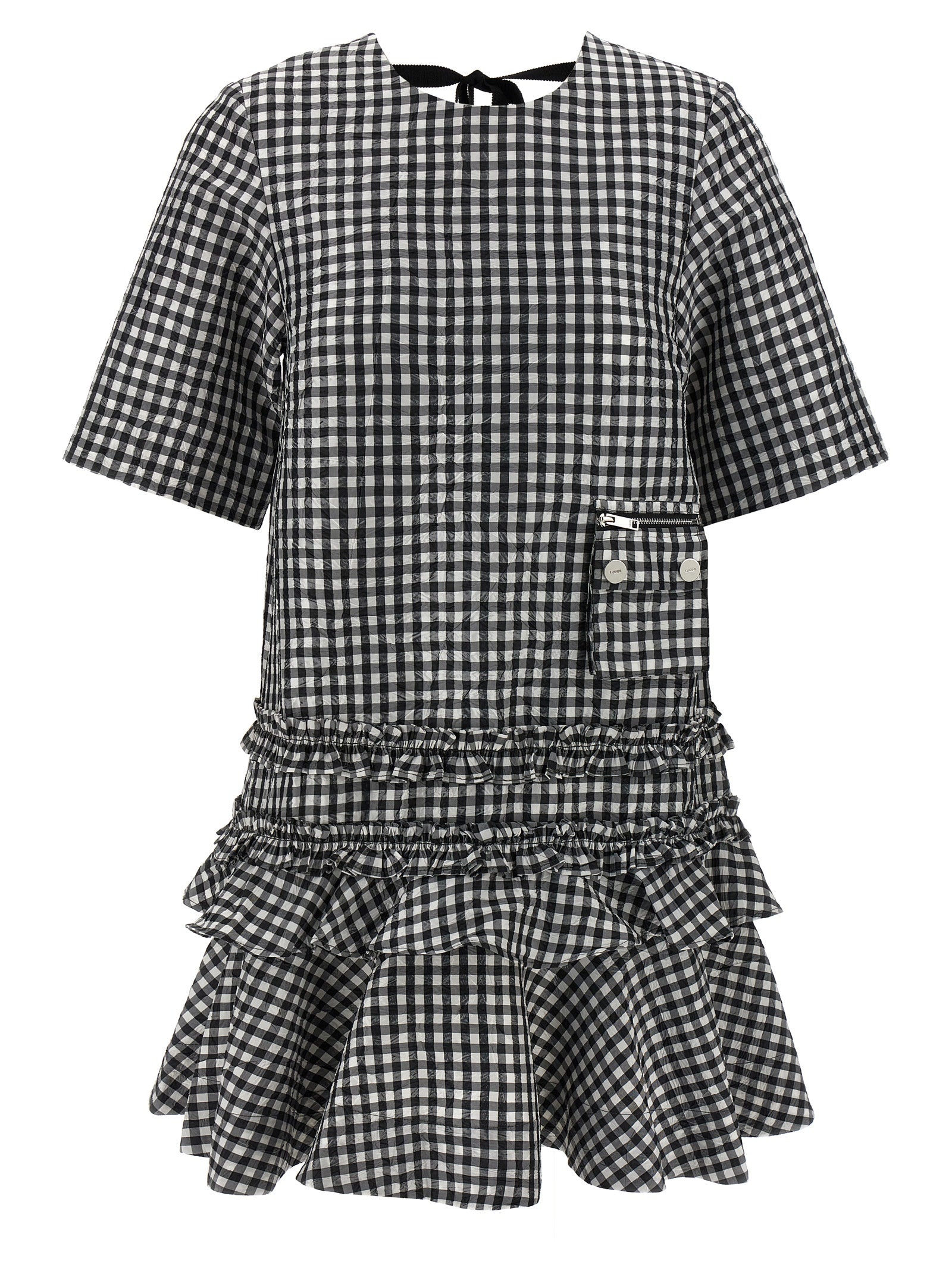 Dress by Ganni for women in polyester bicolour, black & white features an cute silhouette, detailed with a short-sleeve and round neckline that elegantly flows into a cute short mini.
