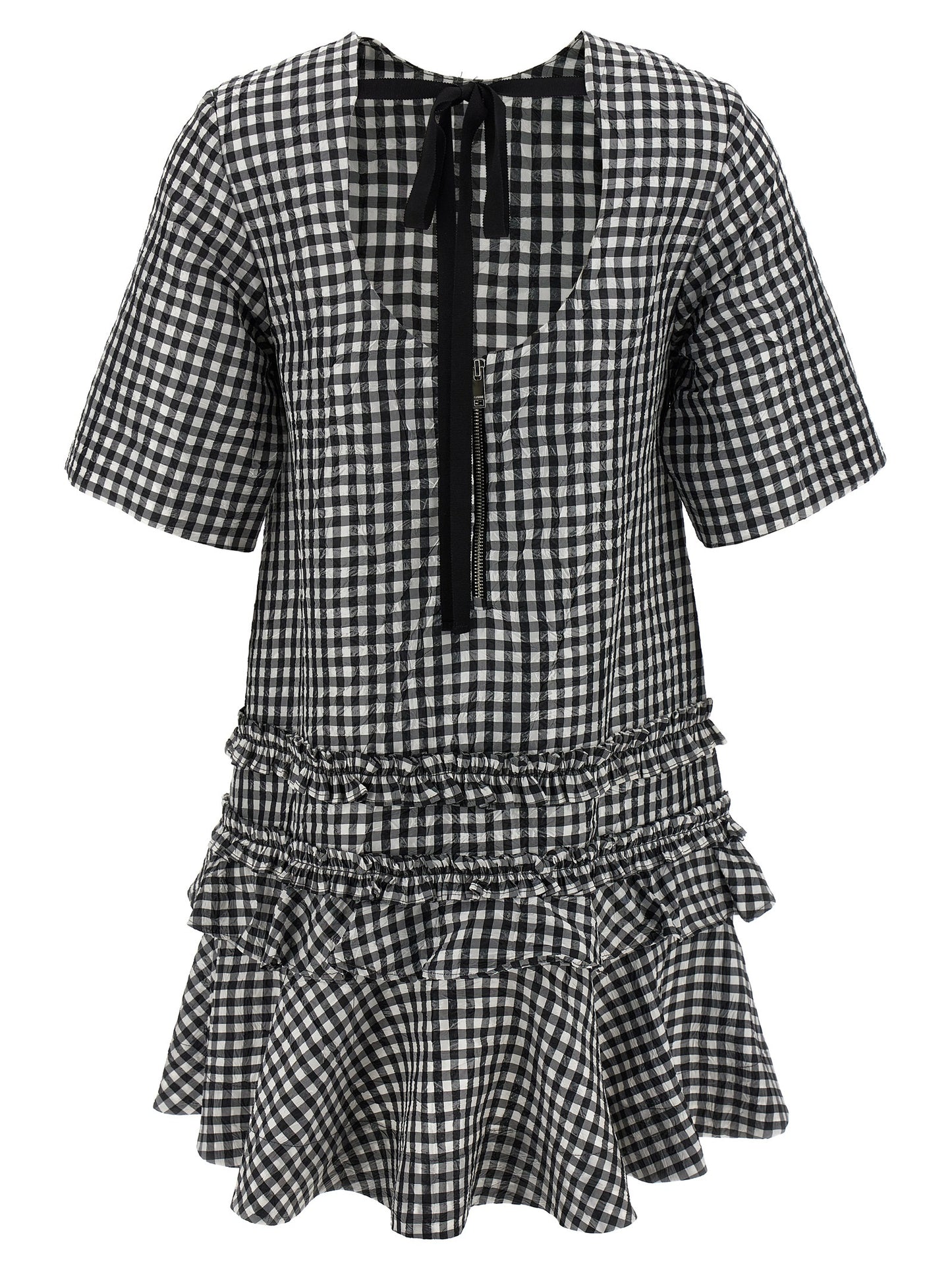 Dress by Ganni for women in polyester bicolour, black & white features an sultry silhouette defined by a round neckline and , falling to an sultry short mini for a sultry look.