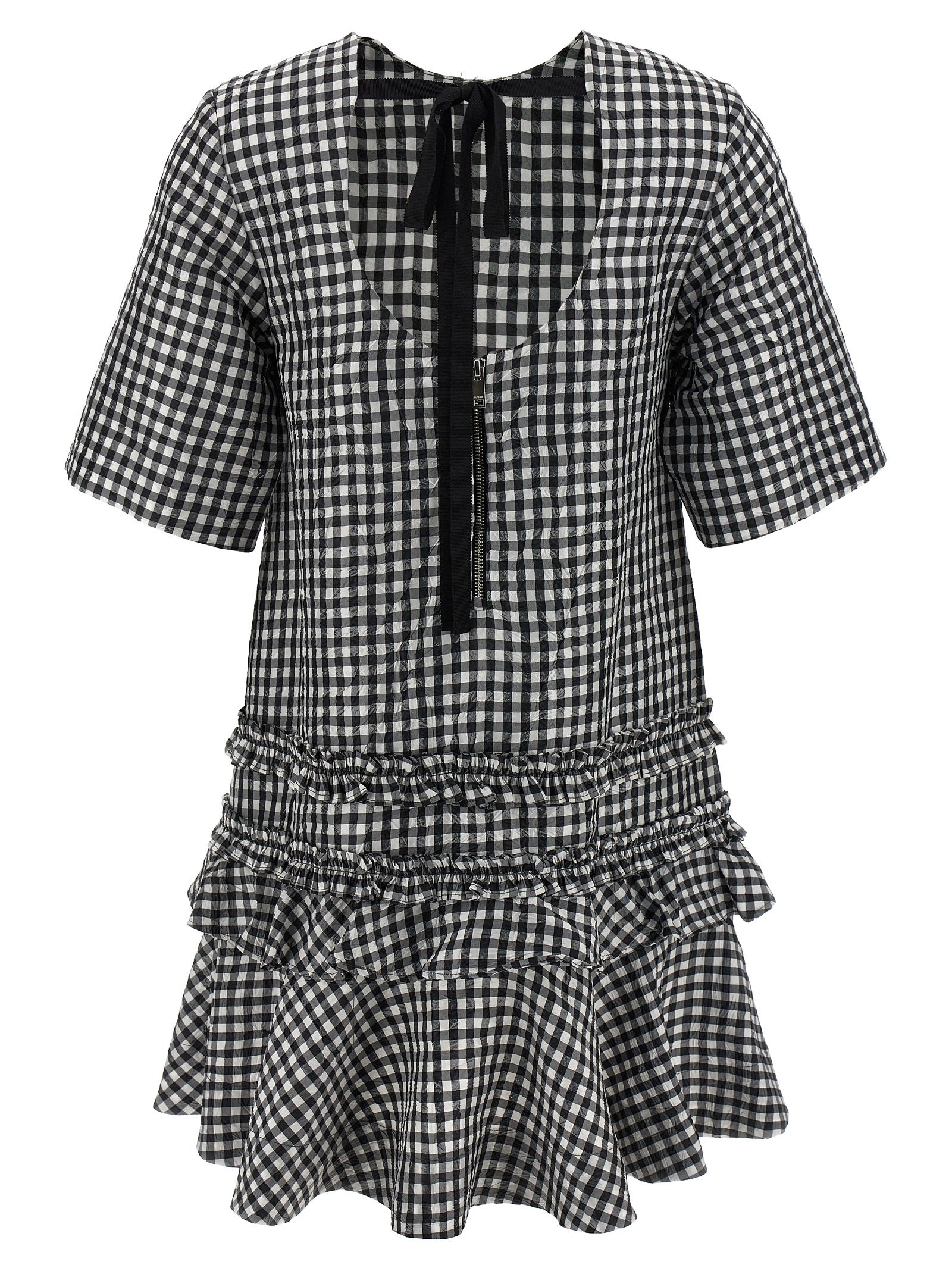Dress by Ganni for women in polyester bicolour, black & white features an sultry silhouette defined by a round neckline and , falling to an sultry short mini for a sultry look.