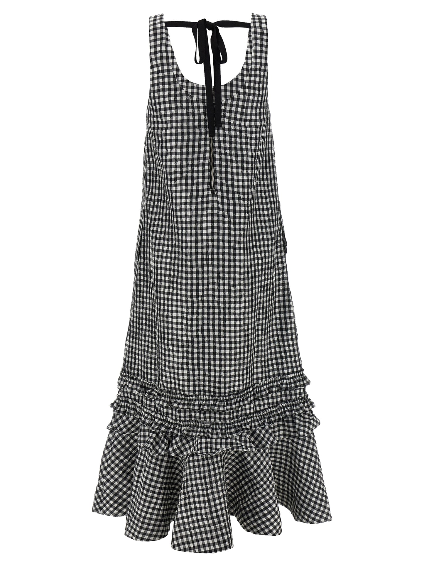 Dress by Ganni for women in polyester black features an sultry silhouette defined by a round neckline and , falling to an sultry midi long for a sultry look.