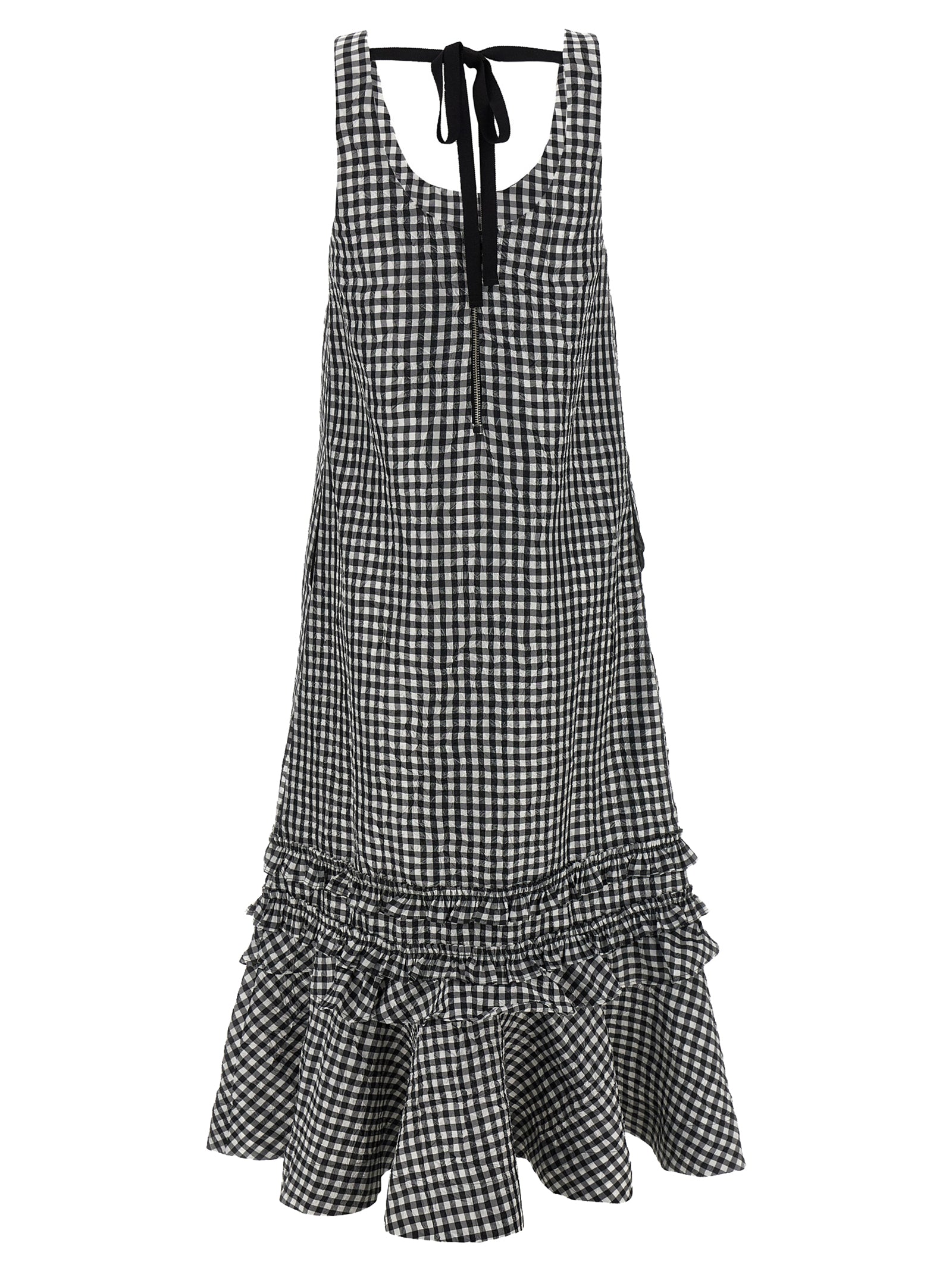 Dress by Ganni for women in polyester black features an sultry silhouette defined by a round neckline and , falling to an sultry midi long for a sultry look.