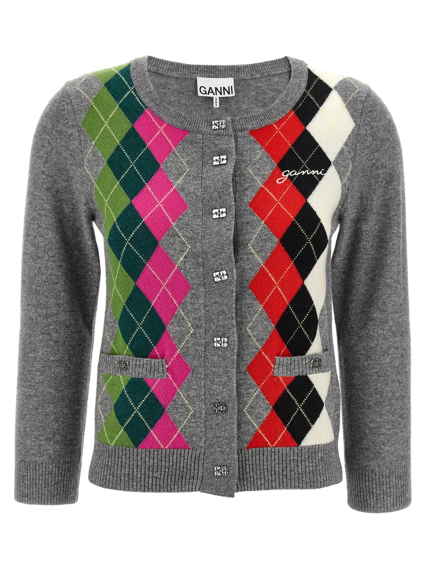 Cardigan by Ganni for women in cashmere & merino wool gray, patterned & argyle presents a textural silhouette, artfully finished with a textural round wrap neckline and for a sophisticated, textural look.