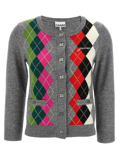 Cardigan by Ganni for women in cashmere & merino wool gray, patterned & argyle presents a textural silhouette, artfully finished with a textural round wrap neckline and for a sophisticated, textural look.