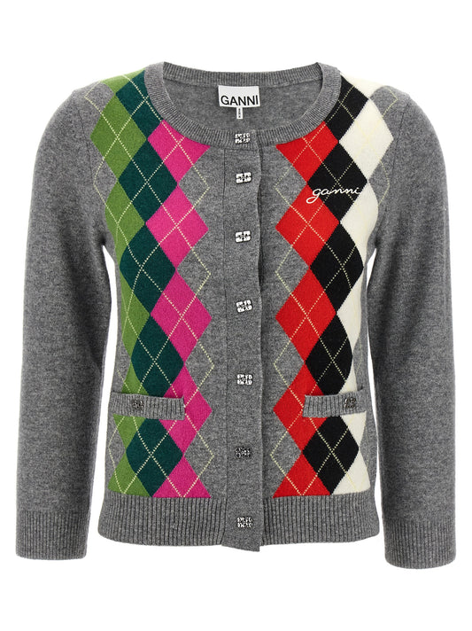 Cardigan by Ganni for women in cashmere & merino wool gray, patterned & argyle presents a textural silhouette, artfully finished with a textural round wrap neckline and for a sophisticated, textural look.