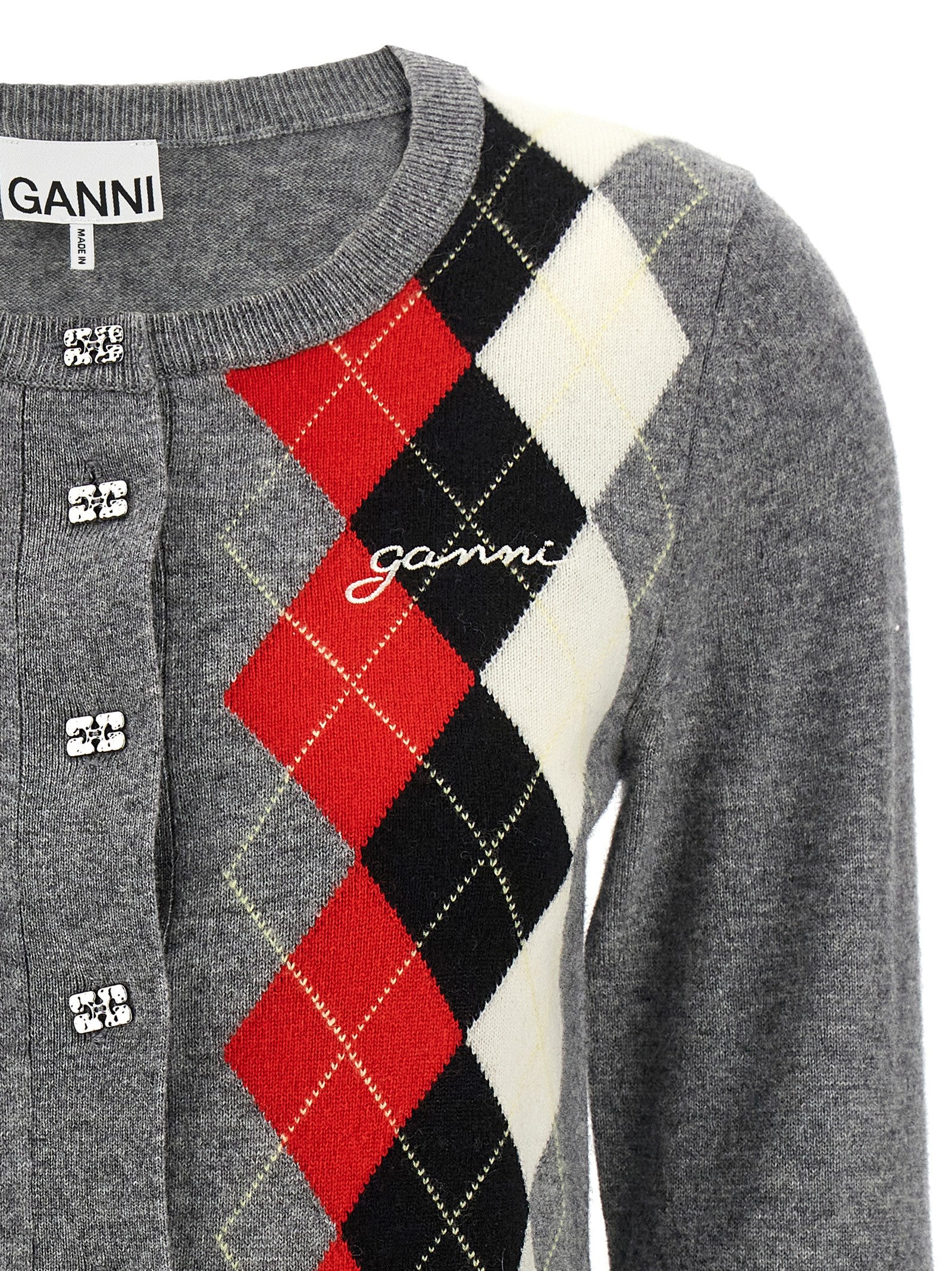 Cardigan by Ganni for women in cashmere & merino wool gray, patterned & argyle showcases a captivating silhouette, artfully detailed with a captivating and round wrap neckline for a truly sophisticated captivating look.