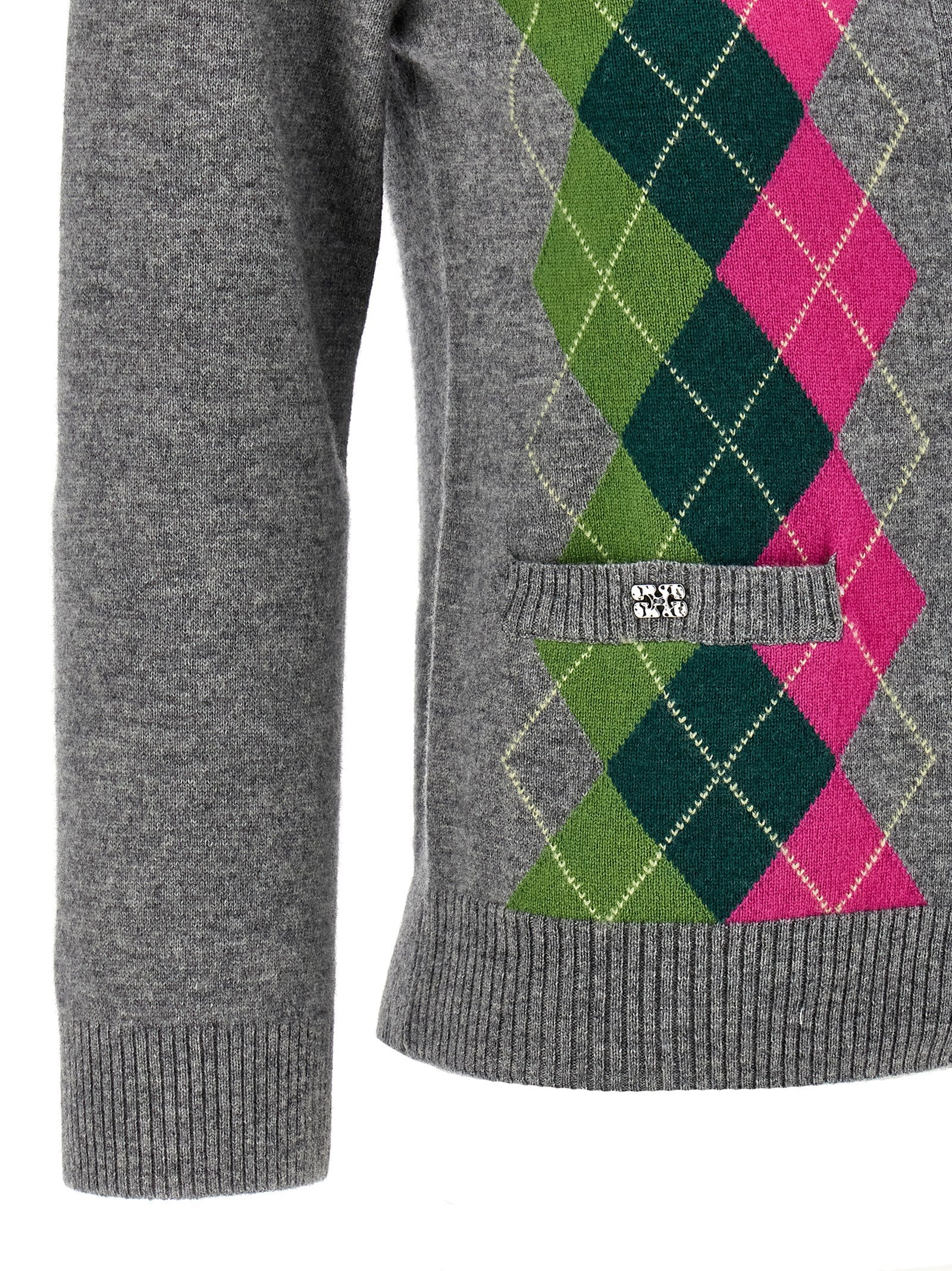 Cardigan by Ganni for women in cashmere & merino wool gray, patterned & argyle features an impeccable silhouette, showcasing a sophisticated and detail for a truly impeccable finish.