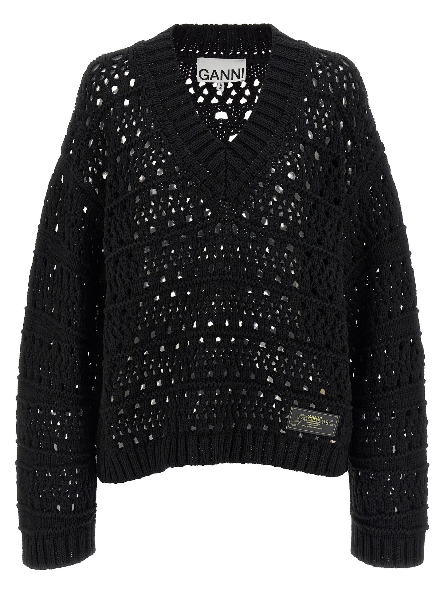 Cardigan by Ganni for women in cotton black showcases a luxurious silhouette, meticulously detailed with a sophisticated v-neck neckline and long-sleeve for a refined finish.