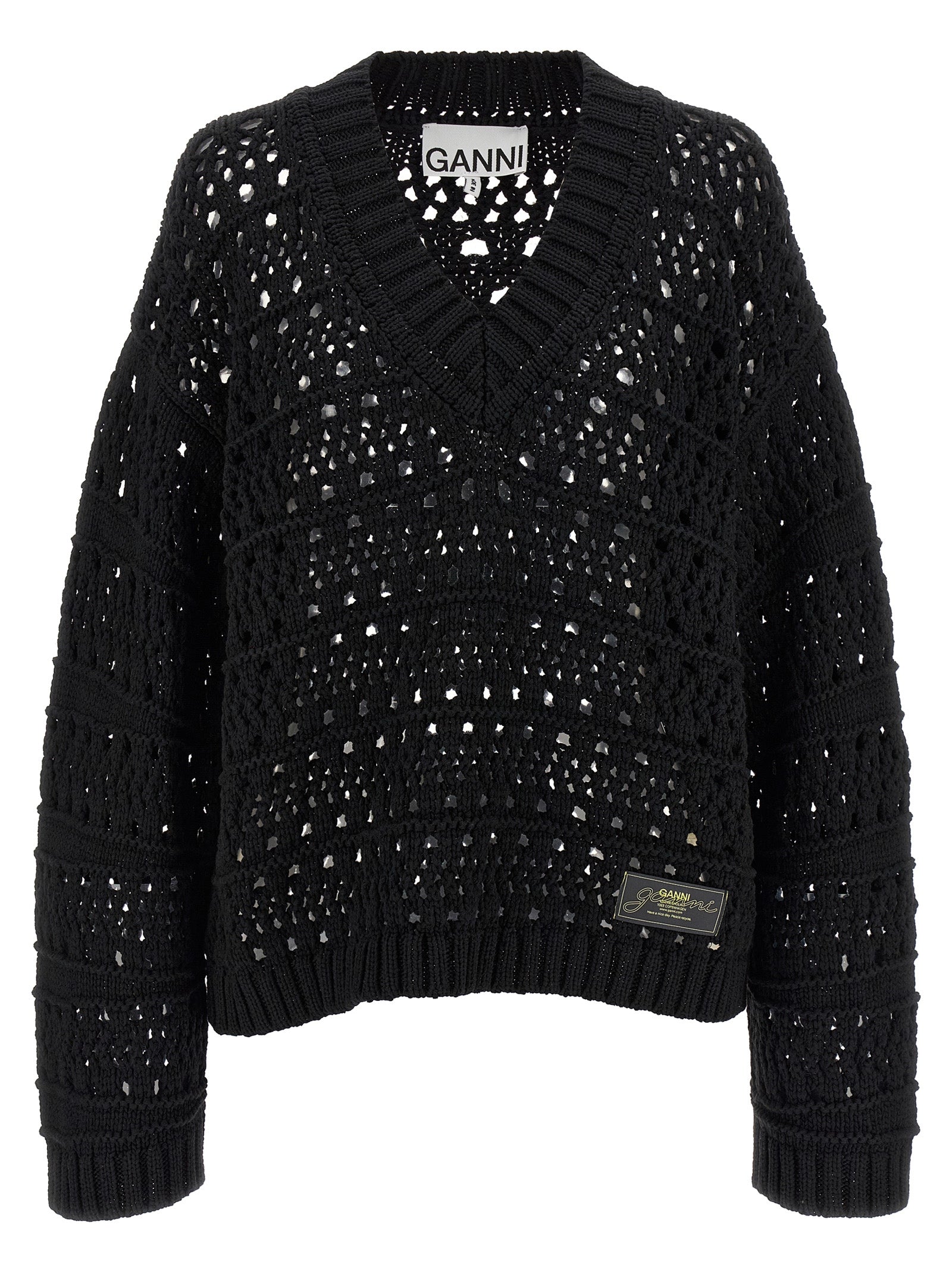 Cardigan by Ganni for women in cotton black showcases a luxurious silhouette, meticulously detailed with a sophisticated v-neck neckline and long-sleeve for a refined finish.