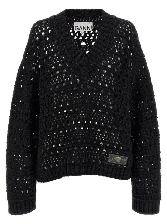 Cardigan by Ganni for women in cotton black showcases a luxurious silhouette, meticulously detailed with a sophisticated v-neck neckline and long-sleeve for a refined finish.