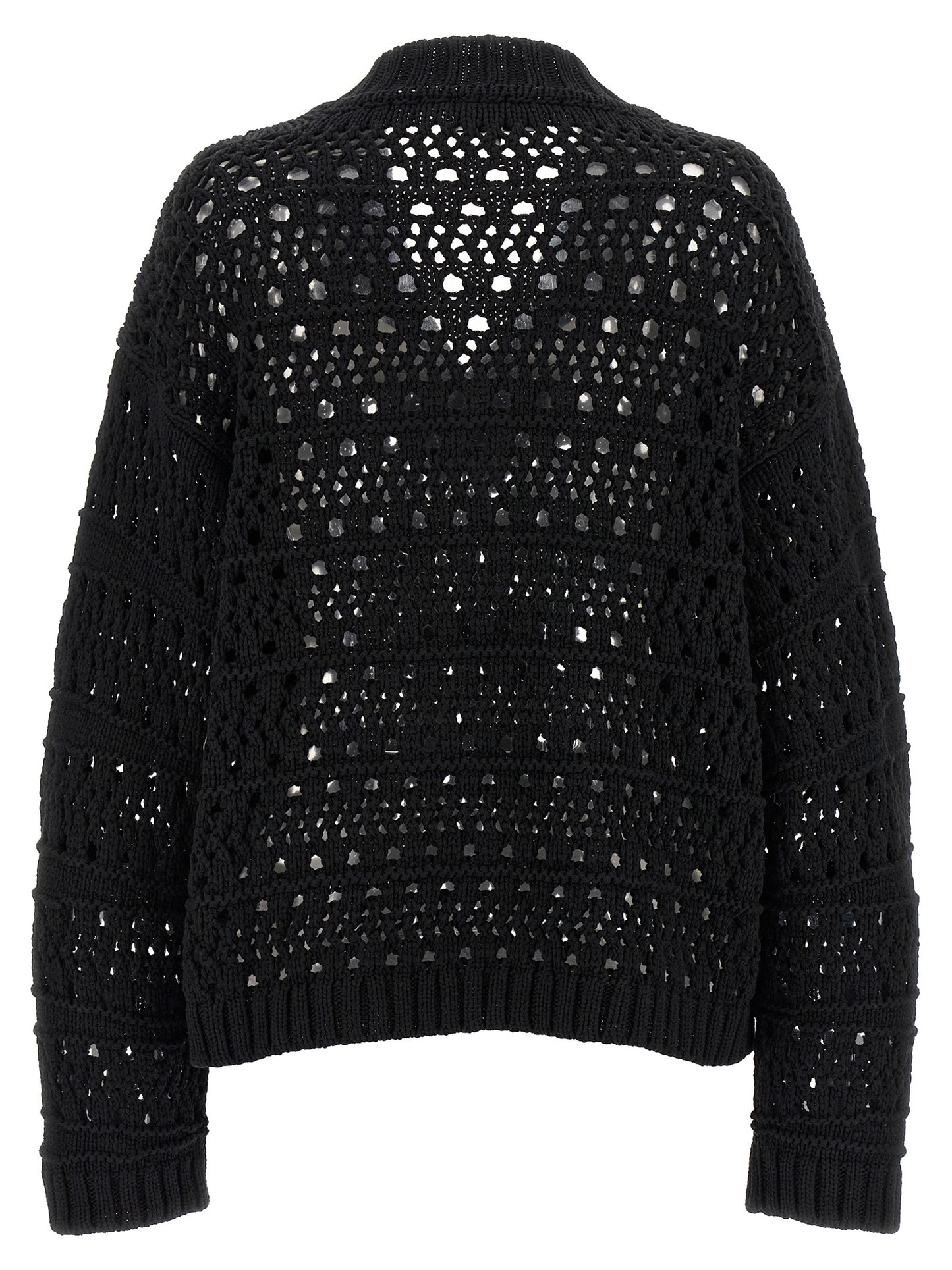 Cardigan by Ganni for women in cotton black features a dramatic silhouette, showcasing a sophisticated v-neck neckline and dramatic detail for a timeless, premium look.