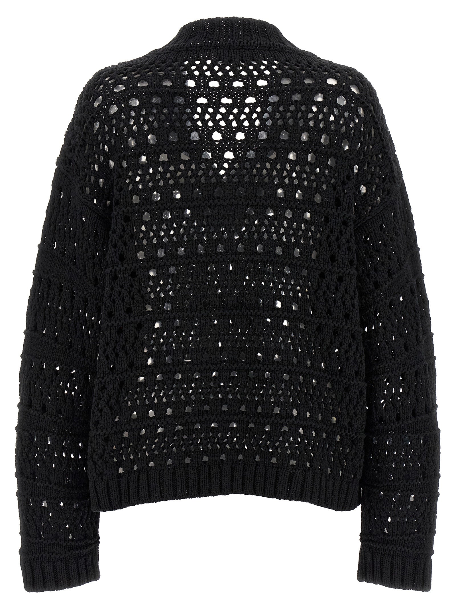 Cardigan by Ganni for women in cotton black features a dramatic silhouette, showcasing a sophisticated v-neck neckline and dramatic detail for a timeless, premium look.