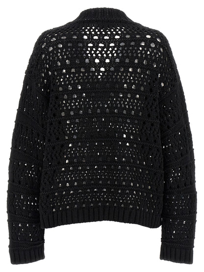 Cardigan by Ganni for women in cotton black features a dramatic silhouette, showcasing a sophisticated v-neck neckline and dramatic detail for a timeless, premium look.