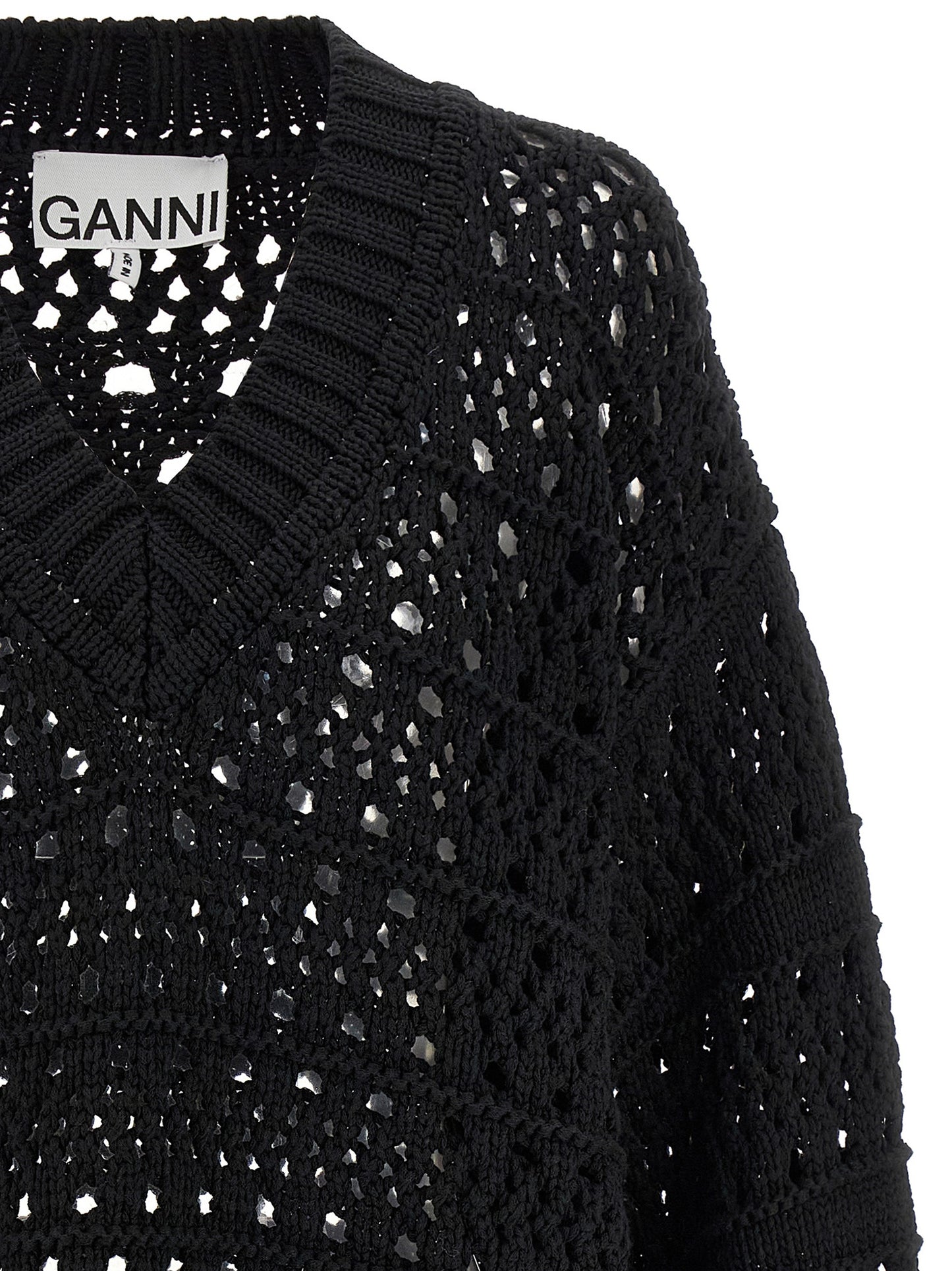 Cardigan by Ganni for women in cotton black features a nuanced silhouette with a refined v-neck neckline and nuanced detailing for a sophisticated look.