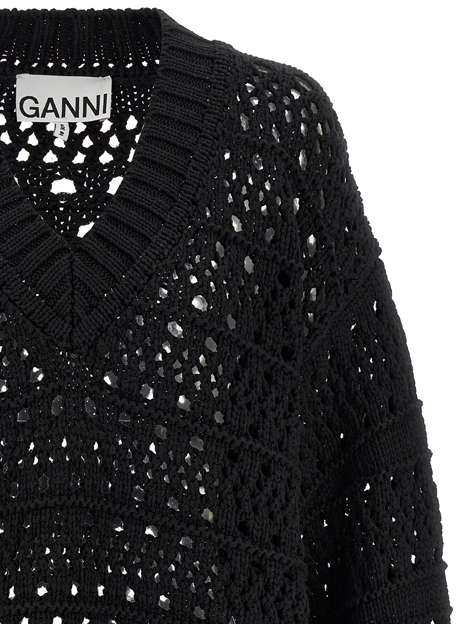 Cardigan by Ganni for women in cotton black features a nuanced silhouette with a refined v-neck neckline and nuanced detailing for a sophisticated look.