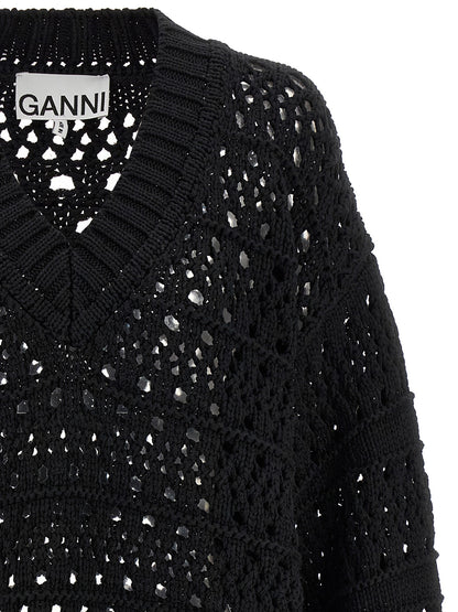 Cardigan by Ganni for women in cotton black features a nuanced silhouette with a refined v-neck neckline and nuanced detailing for a sophisticated look.