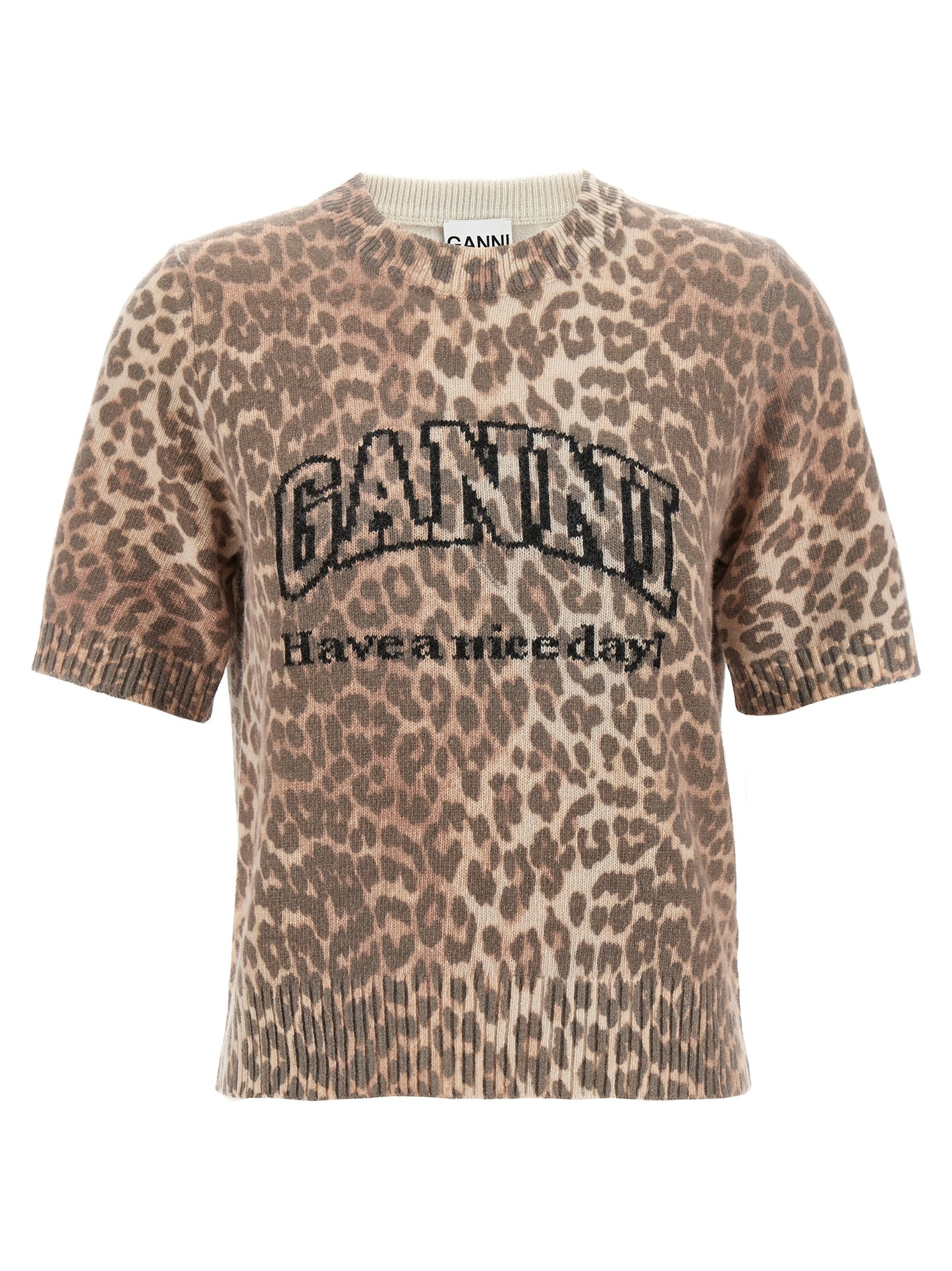 T-Shirt by Ganni for women in polyamide wool brown, leopard-print, patterned & jacquard showcases a unassuming silhouette, artfully detailed with a refined crew neckline and unassuming short-sleeve for a sophisticated, contemporary look.