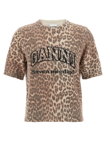 T-Shirt by Ganni for women in polyamide wool brown, leopard-print, patterned & jacquard showcases a unassuming silhouette, artfully detailed with a refined crew neckline and unassuming short-sleeve for a sophisticated, contemporary look.