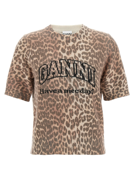T-Shirt by Ganni for women in polyamide wool brown, leopard-print, patterned & jacquard showcases a unassuming silhouette, artfully detailed with a refined crew neckline and unassuming short-sleeve for a sophisticated, contemporary look.