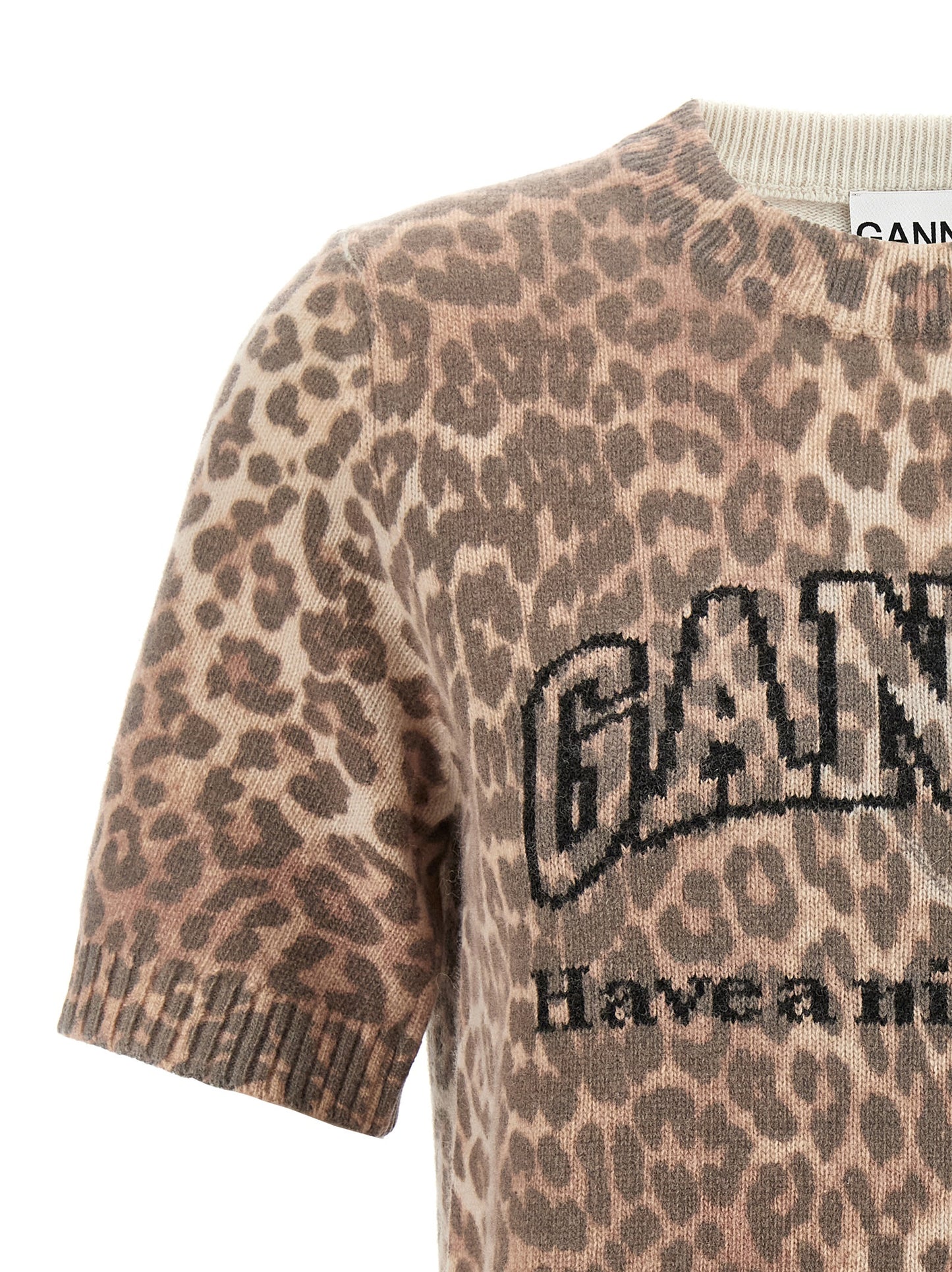 T-Shirt by Ganni for women in polyamide wool brown, leopard-print, patterned & jacquard features a plush silhouette, showcasing a sophisticated crew neckline and for a truly plush finish.