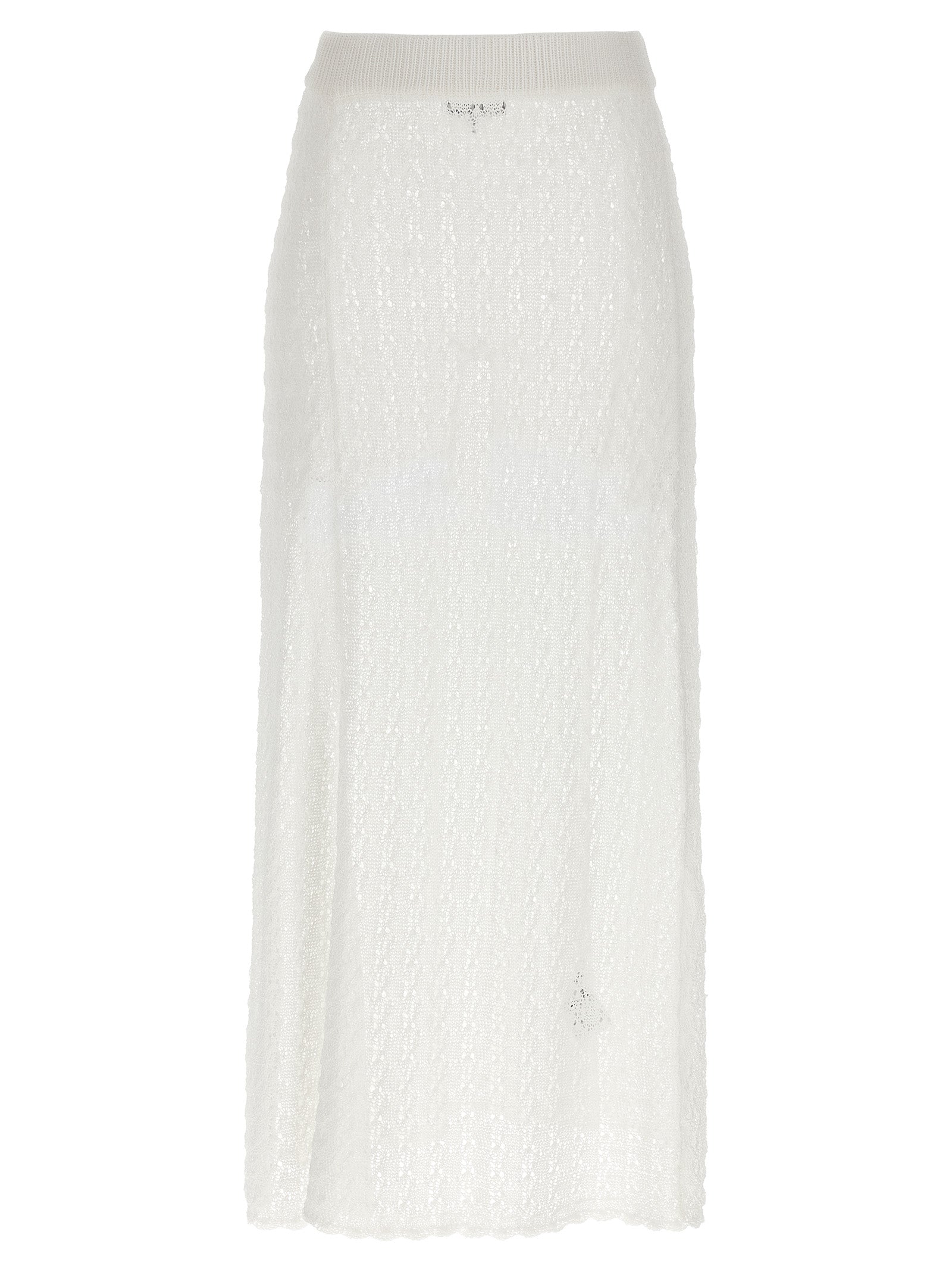 Skirt by Ganni for women in polyamide white features an tailored silhouette, artfully capturing the essence of Crochet Women's Polyamide Mini Skirt in a sophisticated mini.