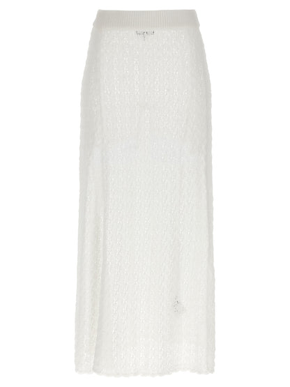 Skirt by Ganni for women in polyamide white features an tailored silhouette, artfully capturing the essence of Crochet Women's Polyamide Mini Skirt in a sophisticated mini.
