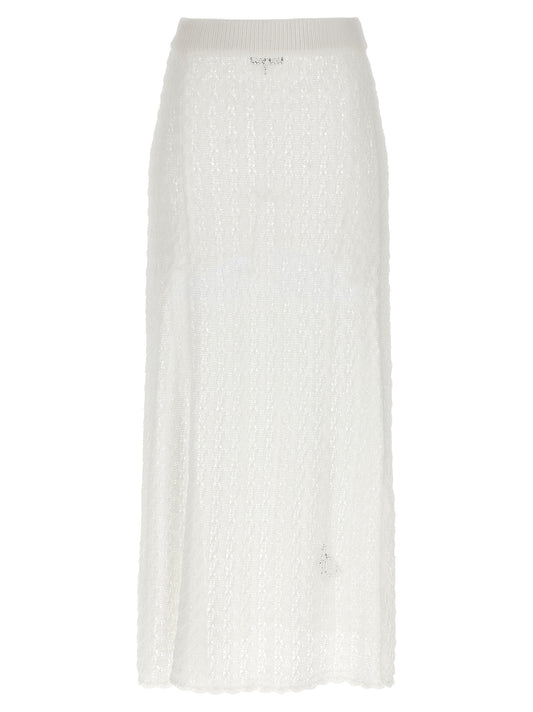 Skirt by Ganni for women in polyamide white features an tailored silhouette, artfully capturing the essence of Crochet Women's Polyamide Mini Skirt in a sophisticated mini.