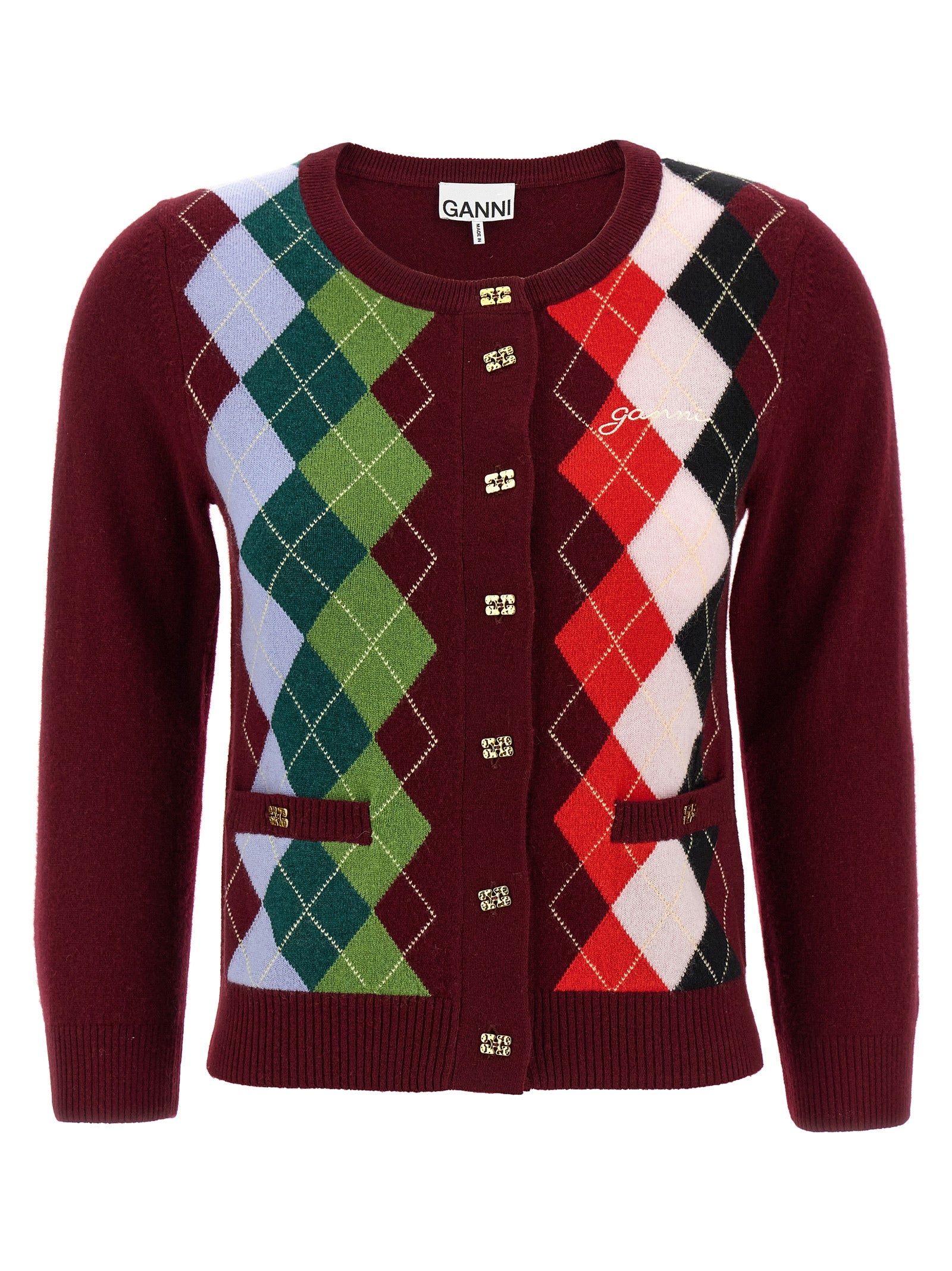 Cardigan by Ganni for women in cashmere & merino wool bordeaux, patterned & argyle features an crisp silhouette, showcasing a sophisticated round neckline and detail for a truly crisp finish.