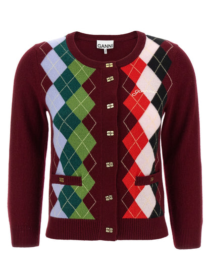 Cardigan by Ganni for women in cashmere & merino wool bordeaux, patterned & argyle features an crisp silhouette, showcasing a sophisticated round neckline and detail for a truly crisp finish.